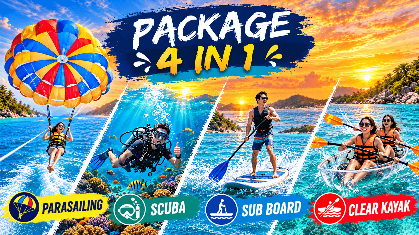 พาราเซลลิ่ง + Scuba + Sub Board + พายเรือคายัคใส
